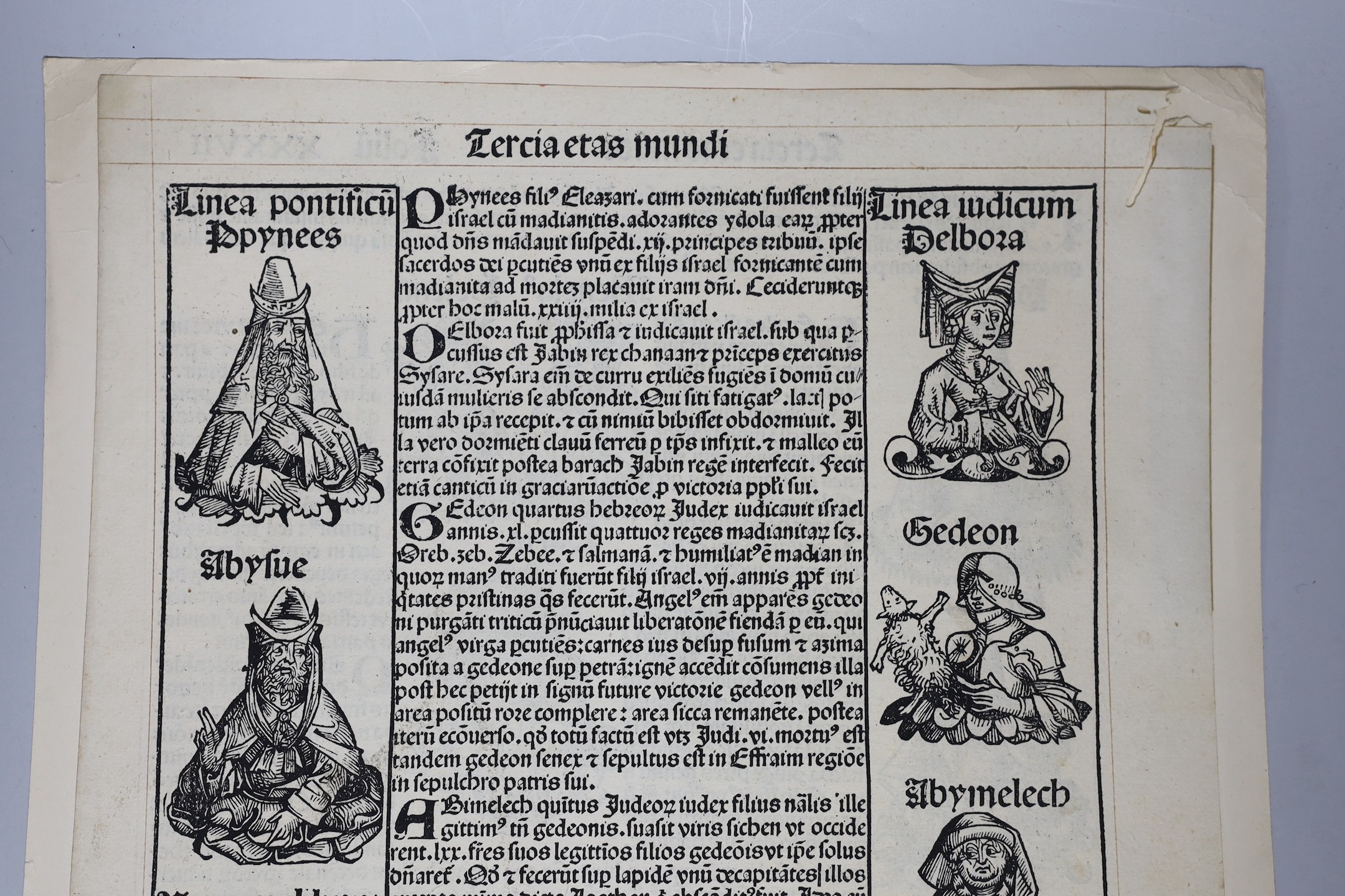 [Hartmann, Schedel - Liber Chronicarum, the Nuremburg Chronicle], an original folium (no.XXXVII), headlined - Tercia etas mundi (the Third Age of the World); of Trojan War interest (recto) with wood-engraved illus. of 8